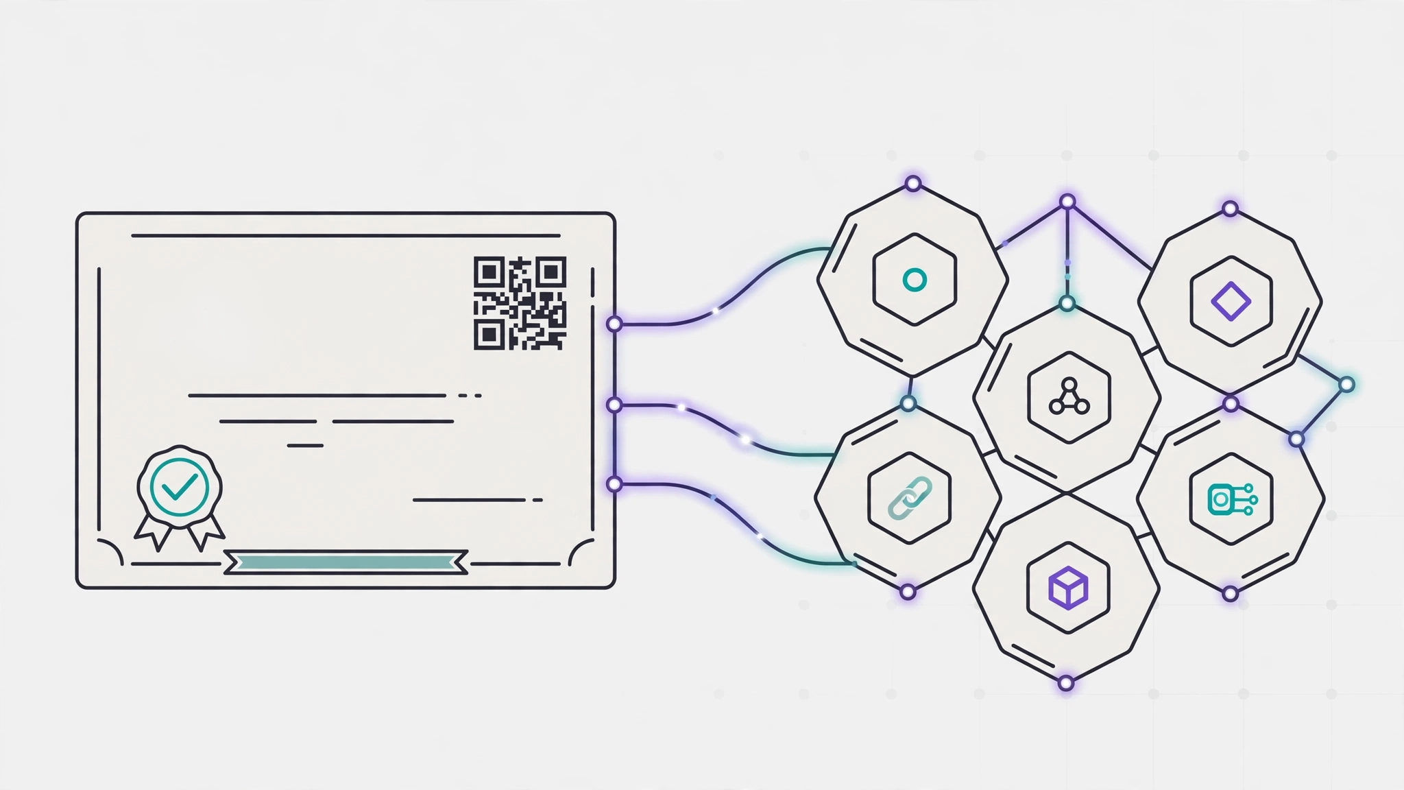 Illustration of a digital certificate connected to the Solana blockchain network