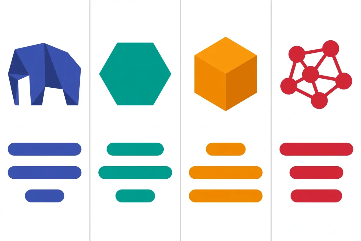 Comparison infographic of four vector databases: pgvector, Qdrant, Chroma, and Milvus