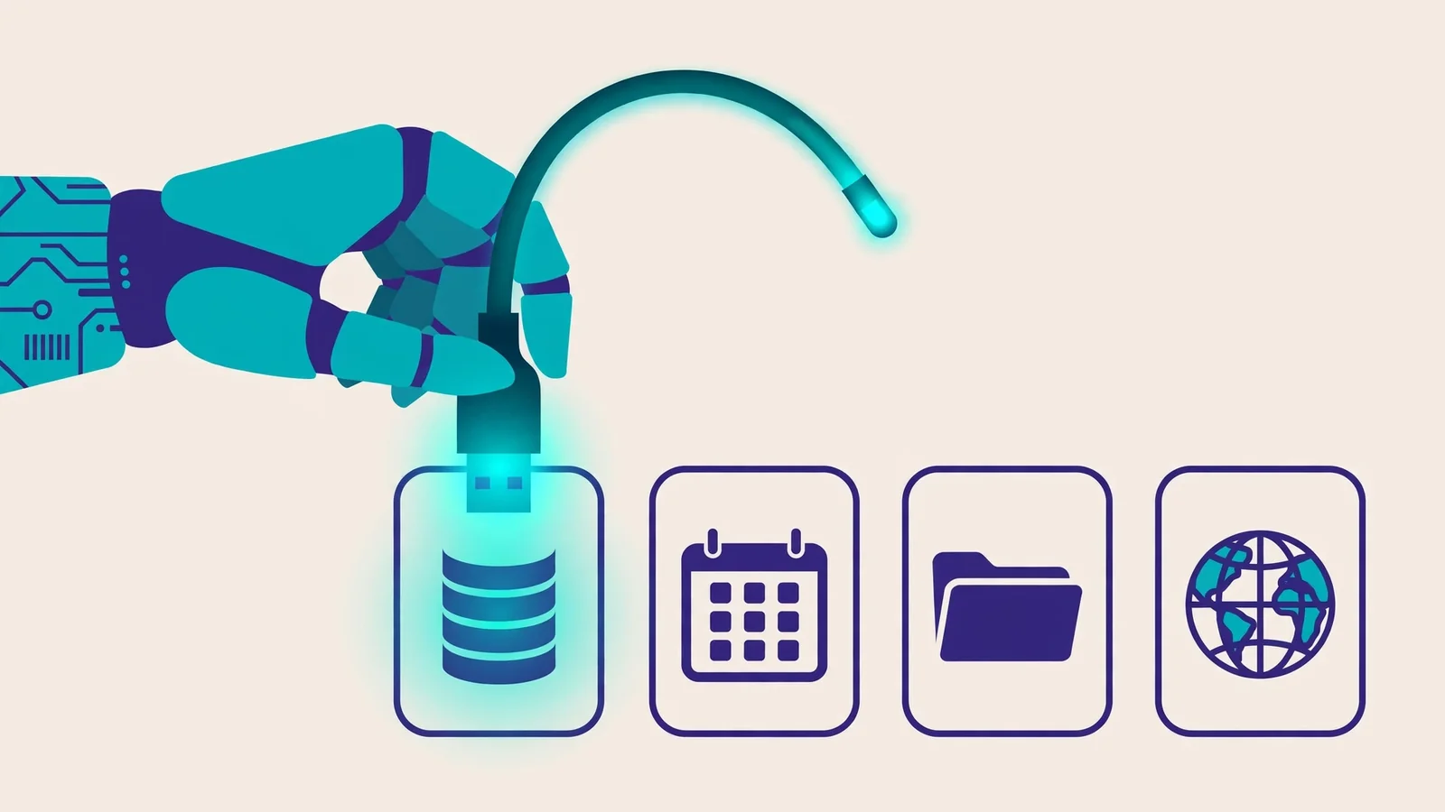 Illustration of an AI robot hand plugging a standard MCP cable into tool sockets