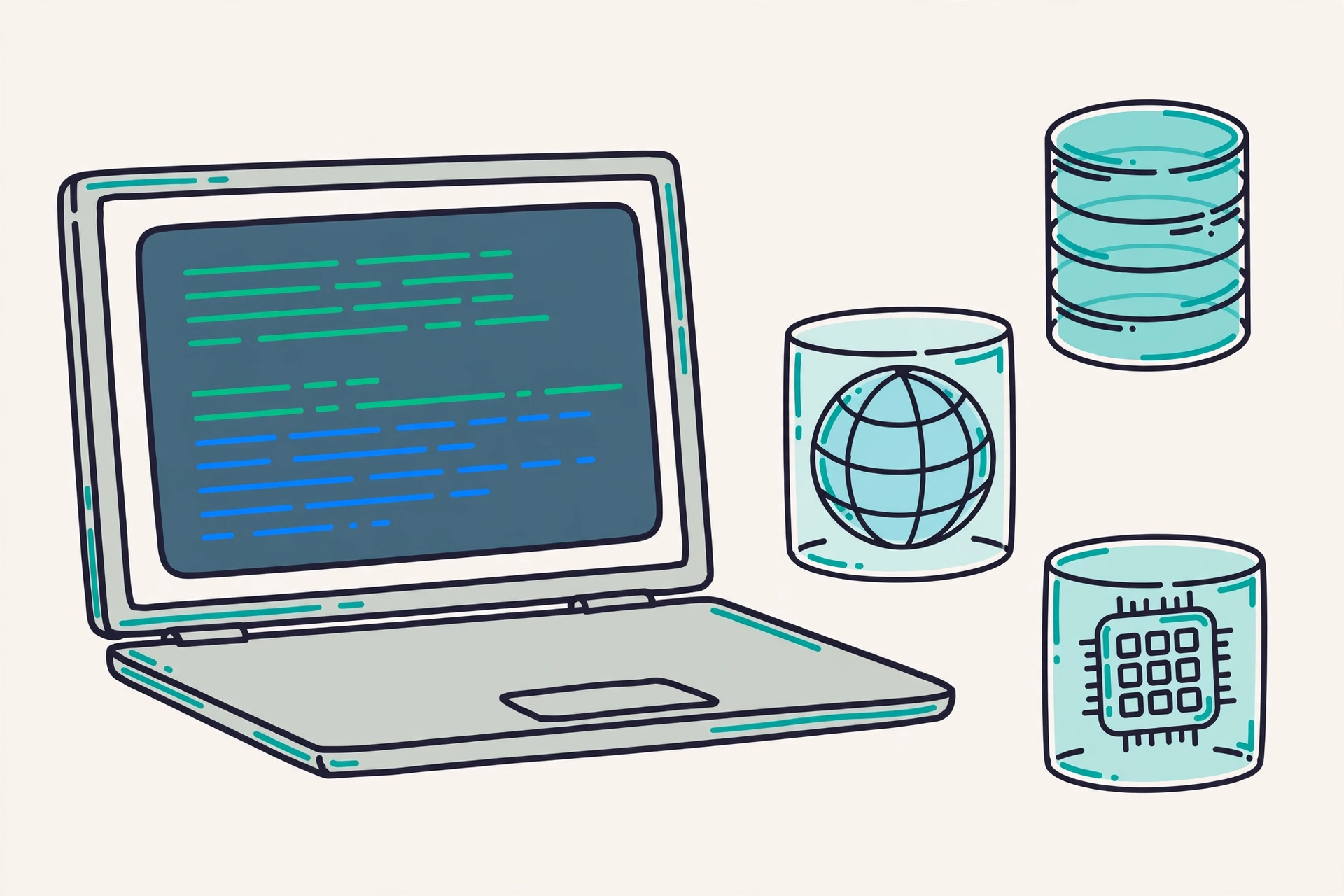 Developer setup illustration with application, database, and cache containers running side by side