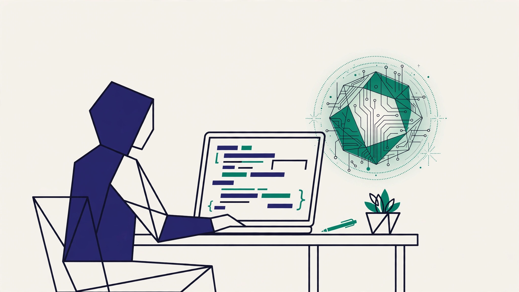 Illustration of a developer working alongside an AI coding assistant at a desk