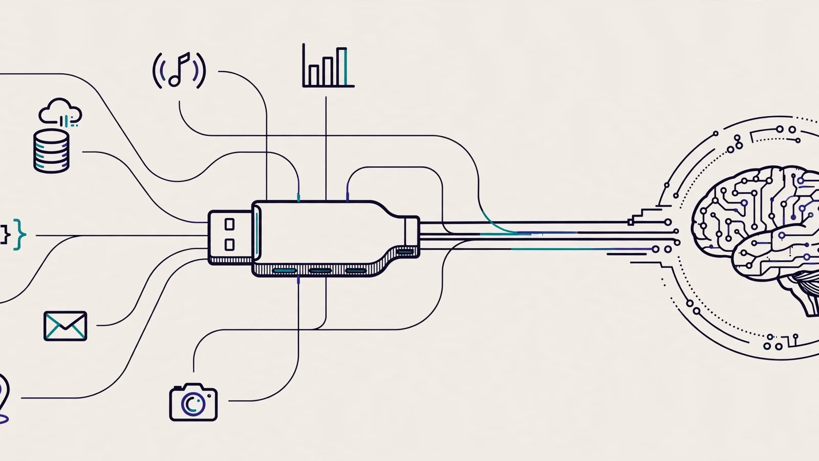 Illustration of a universal MCP connector linking many data sources to an AI model