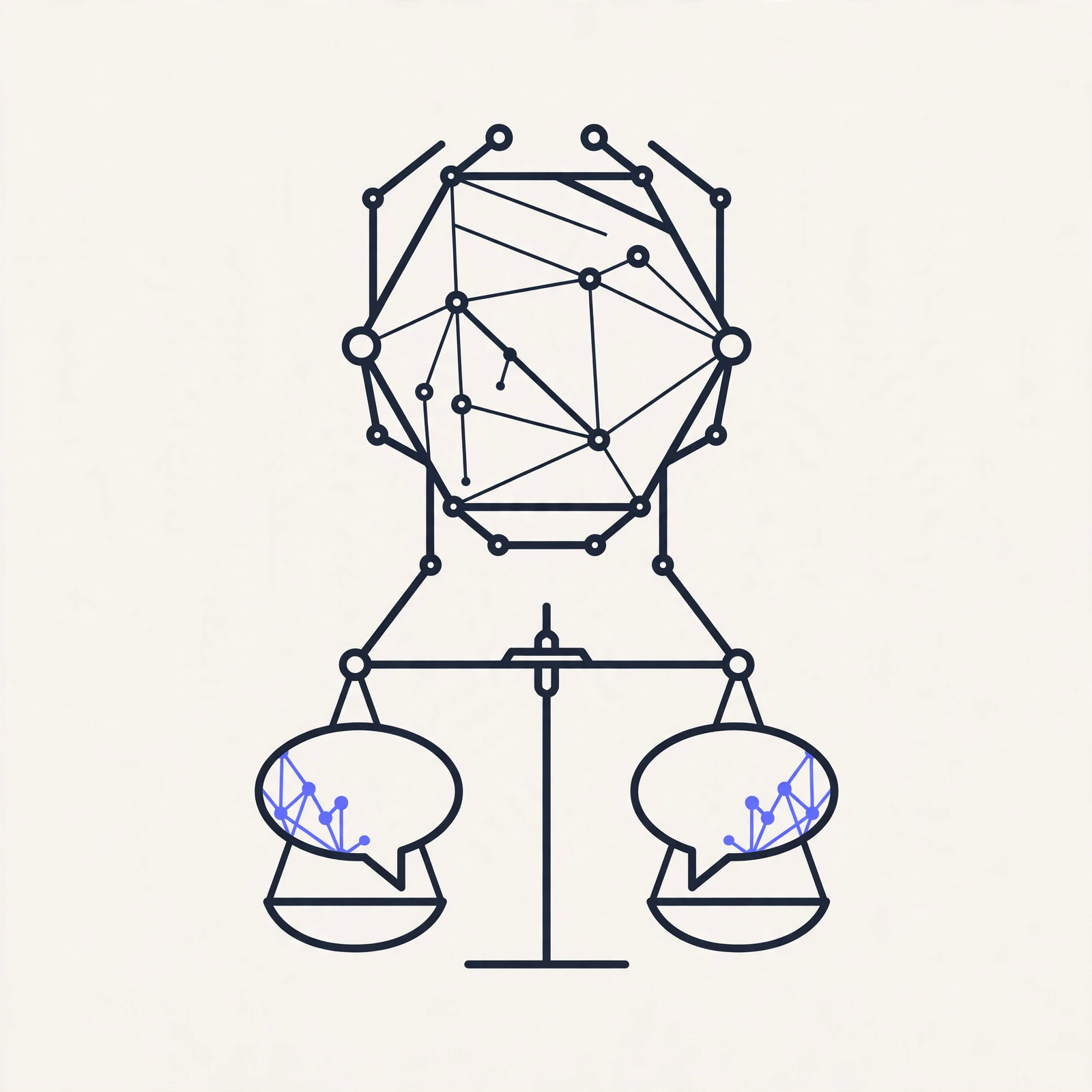 Illustration of an AI acting as judge, weighing two answers on a balance scale