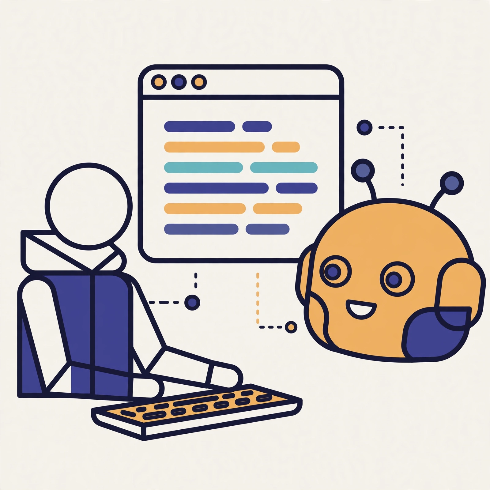 Illustration of pair programming between a developer and an AI assistant in front of a code window
