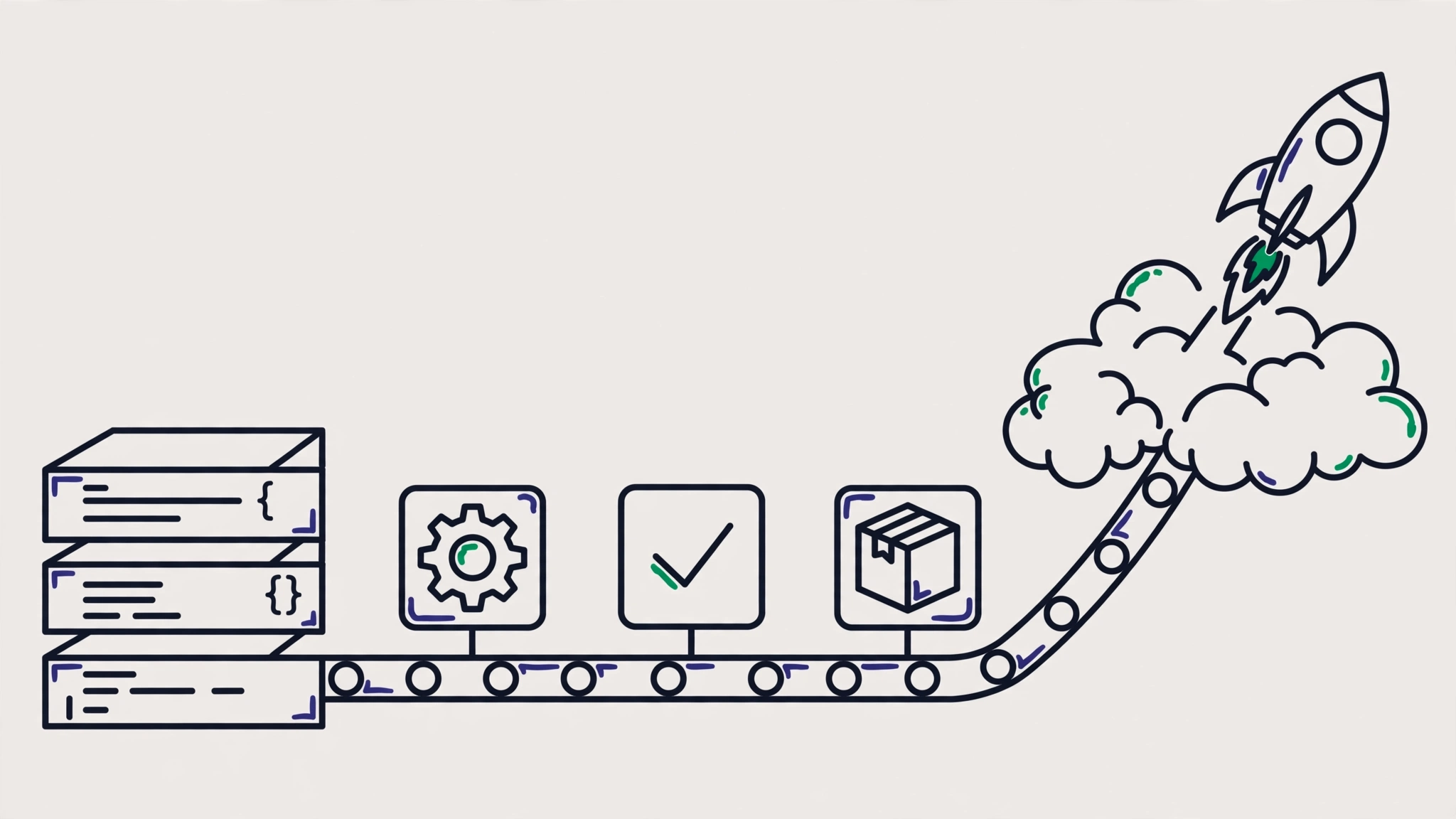 Illustration of a CI/CD pipeline flowing from source code to automated cloud deployment